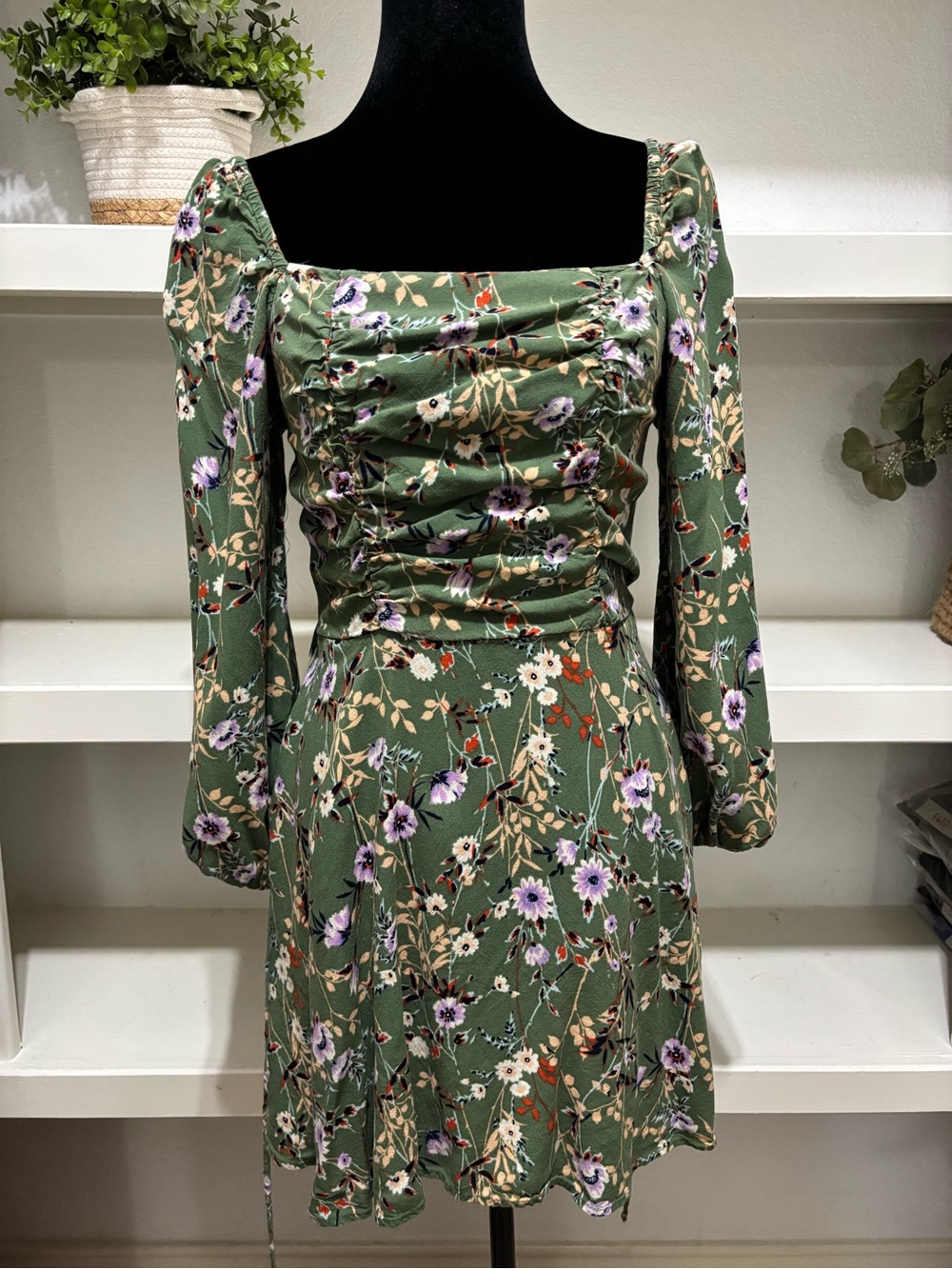 Olive Green Floral Ruched Square-Neck Mini Dress